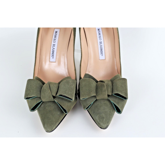 Manolo Blahnik Green Suede Bow Pumps Handmade Italy Designer Heels Size 37 - Picture 6 of 13